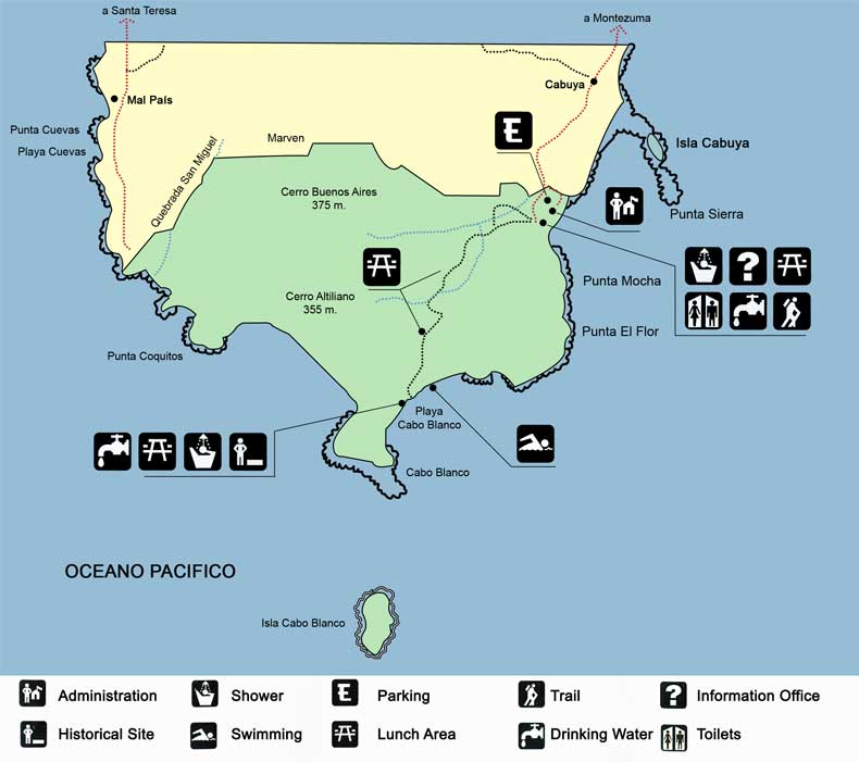 Cabo Blanco Park Map with trails